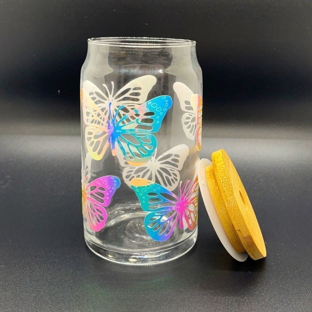 NWT Wool + Pepper Co. Holographic Butterfly Glass Can Cup w/ Bamboo Lid